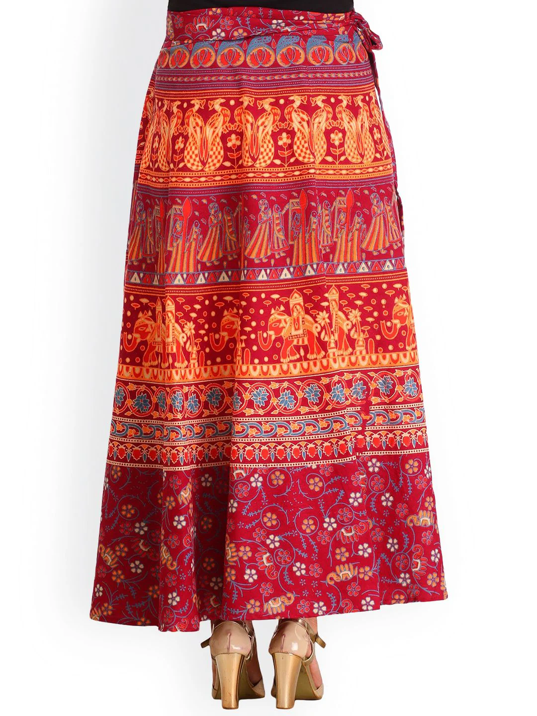 Exotic India Wrap-Around Mauve Wine Long Skirt with Printed Wedding Scenes - Image 5