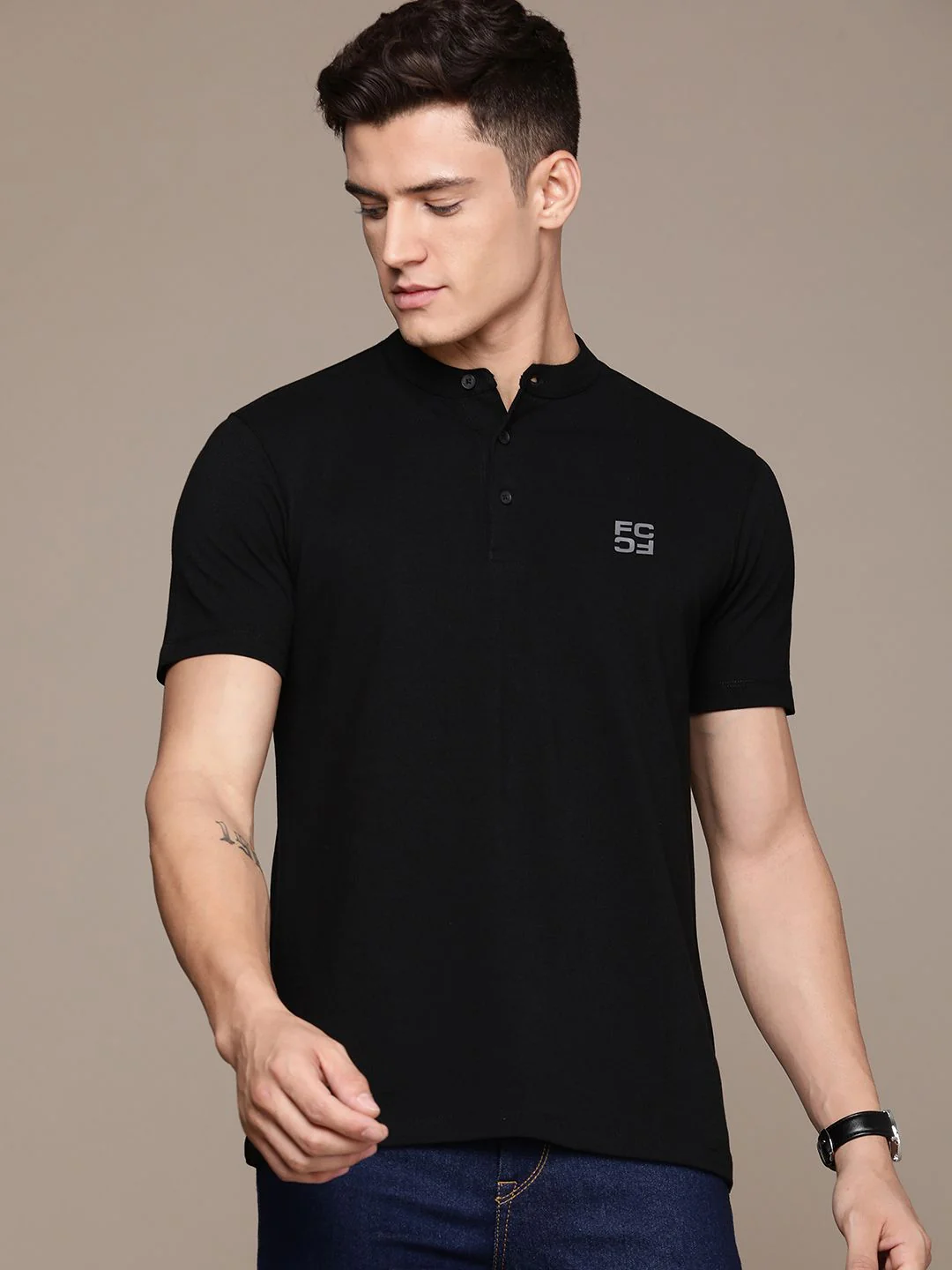French Connection Brand Logo Henley Neck Pure Cotton Applique T-shirt - Image 3
