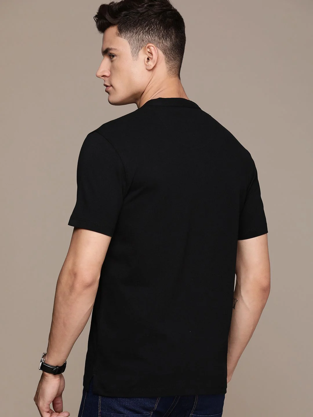 French Connection Brand Logo Henley Neck Pure Cotton Applique T-shirt - Image 4