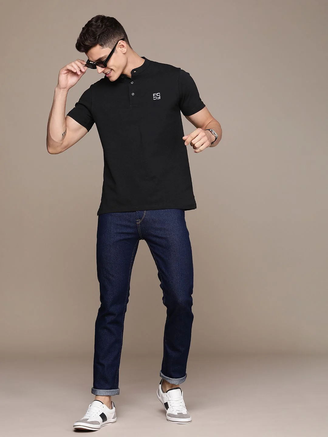 French Connection Brand Logo Henley Neck Pure Cotton Applique T-shirt - Image 6