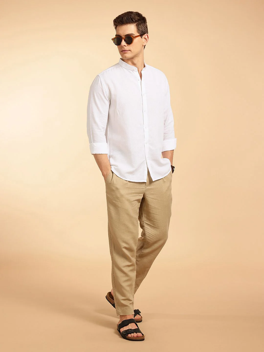 French Connection Slim Fit Mandarin Collar Linen Shirt - Image 6