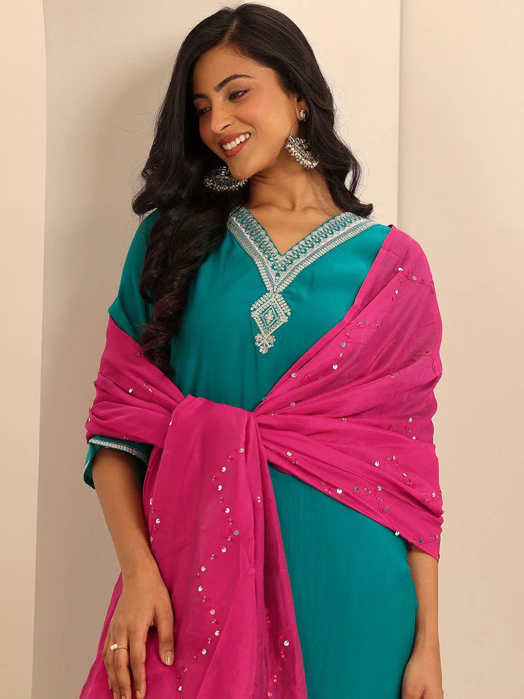 Gerua By Libas Floral Yoke Design Sequinned V-Neck Straight Kurta With Salwar & Dupatta - Image 3