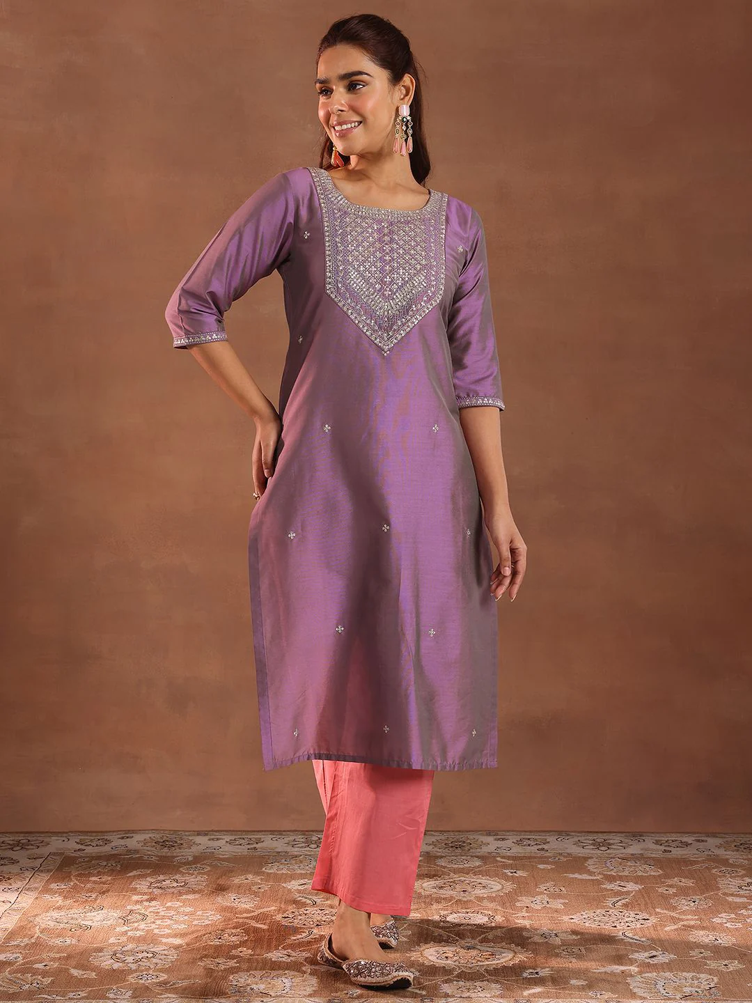 Gerua By Libas Women Floral Embroidered Round Neck Silk Straight Kurta - Image 2