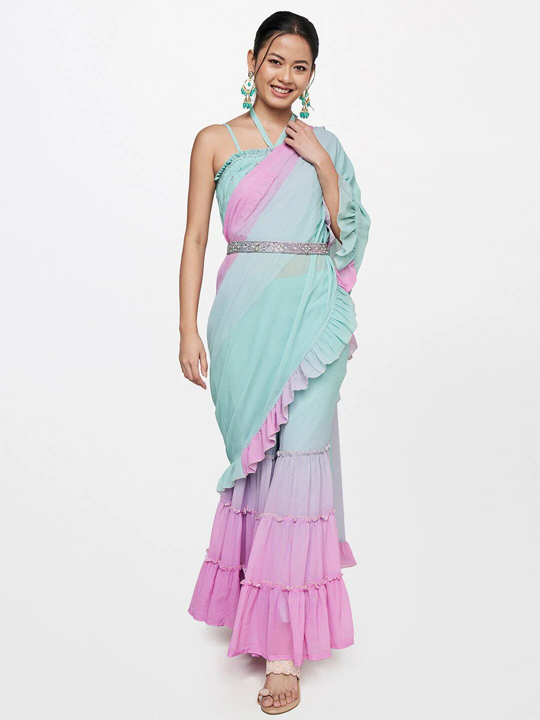 Global Desi Blue & Purple Palazzo Saree with Blouse - Image 5