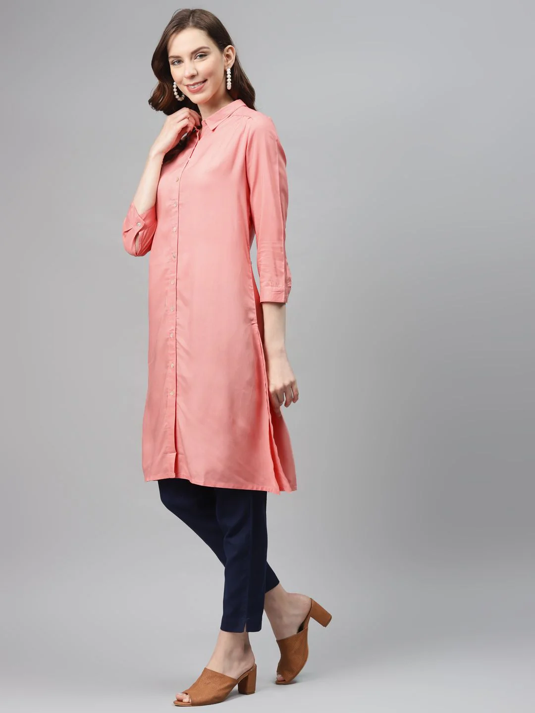 Global Desi Eco Vero Women Pink Solid Straight Fusion Kurta - Image 3