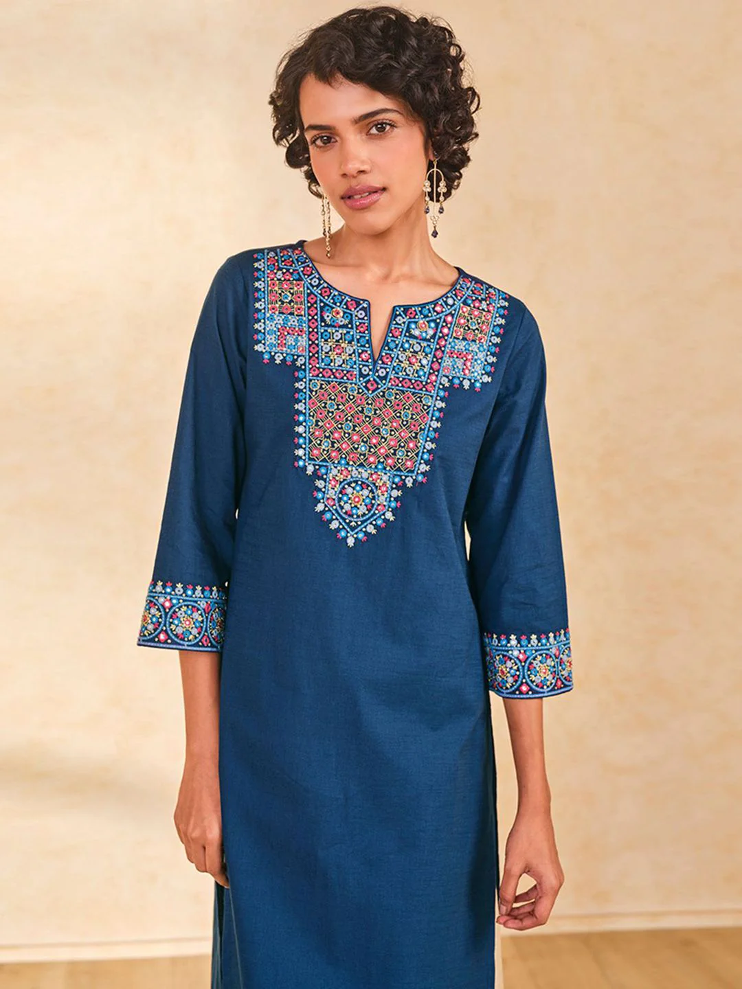 Global Desi Ethnic Motifs Yoke Design Mirror Work Pure Cotton Straight Kurta - Image 6
