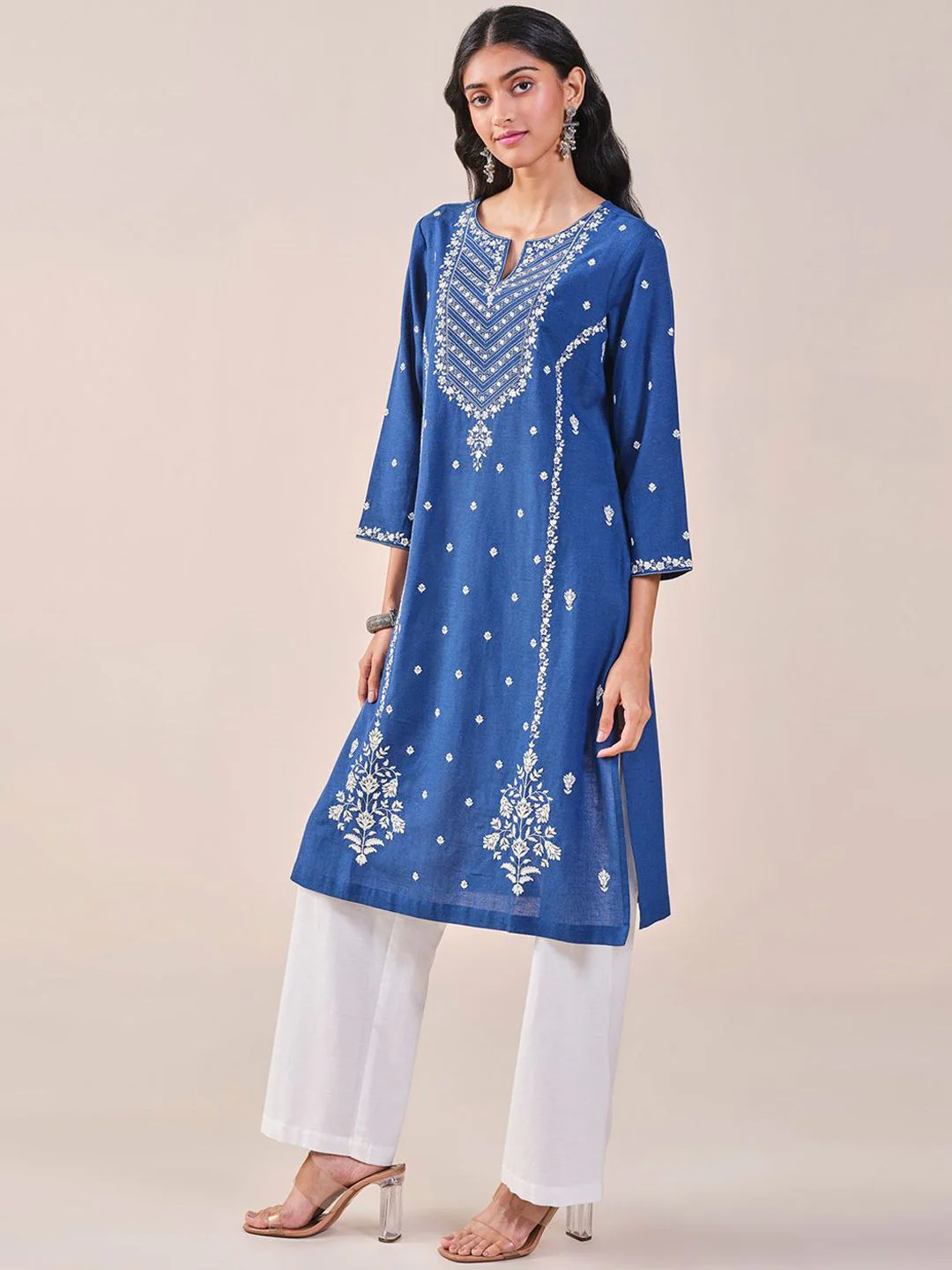 Global Desi Floral Embroidered Notched Neck Straight Kurta - Image 3