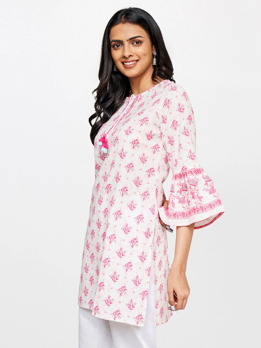 Global Desi Floral Printed Bell Sleeves Pure Cotton Kurti - Image 3