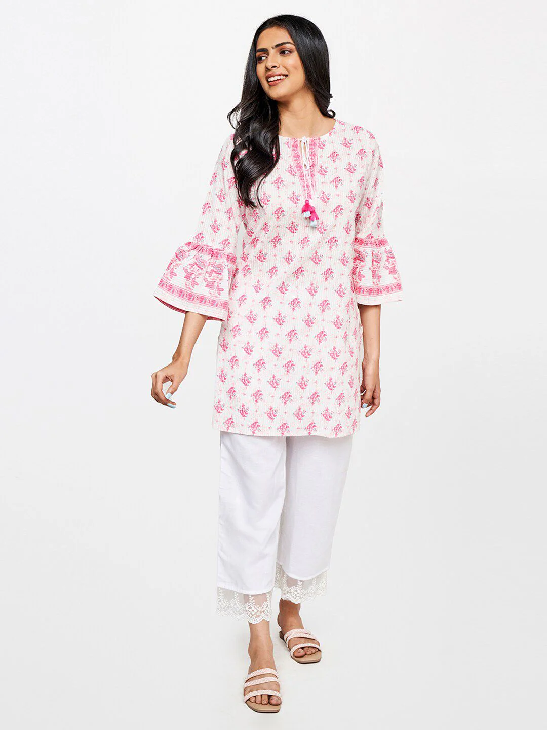 Global Desi Floral Printed Bell Sleeves Pure Cotton Kurti - Image 4
