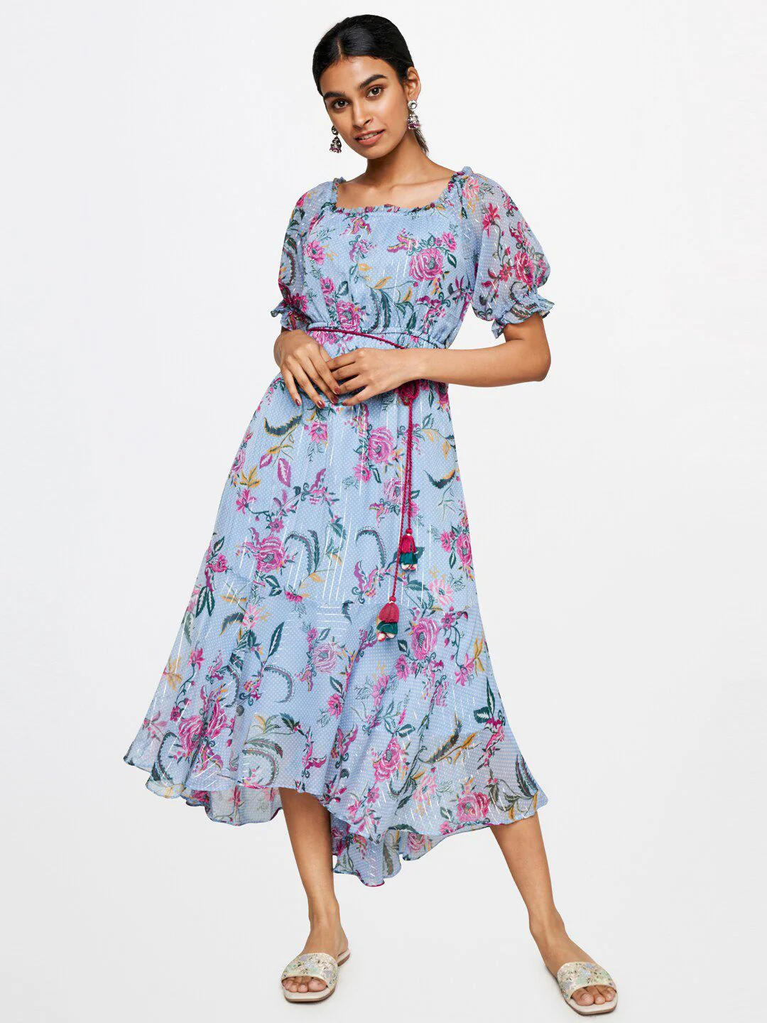 Global Desi Floral Printed Belted Maxi Dress - Image 4