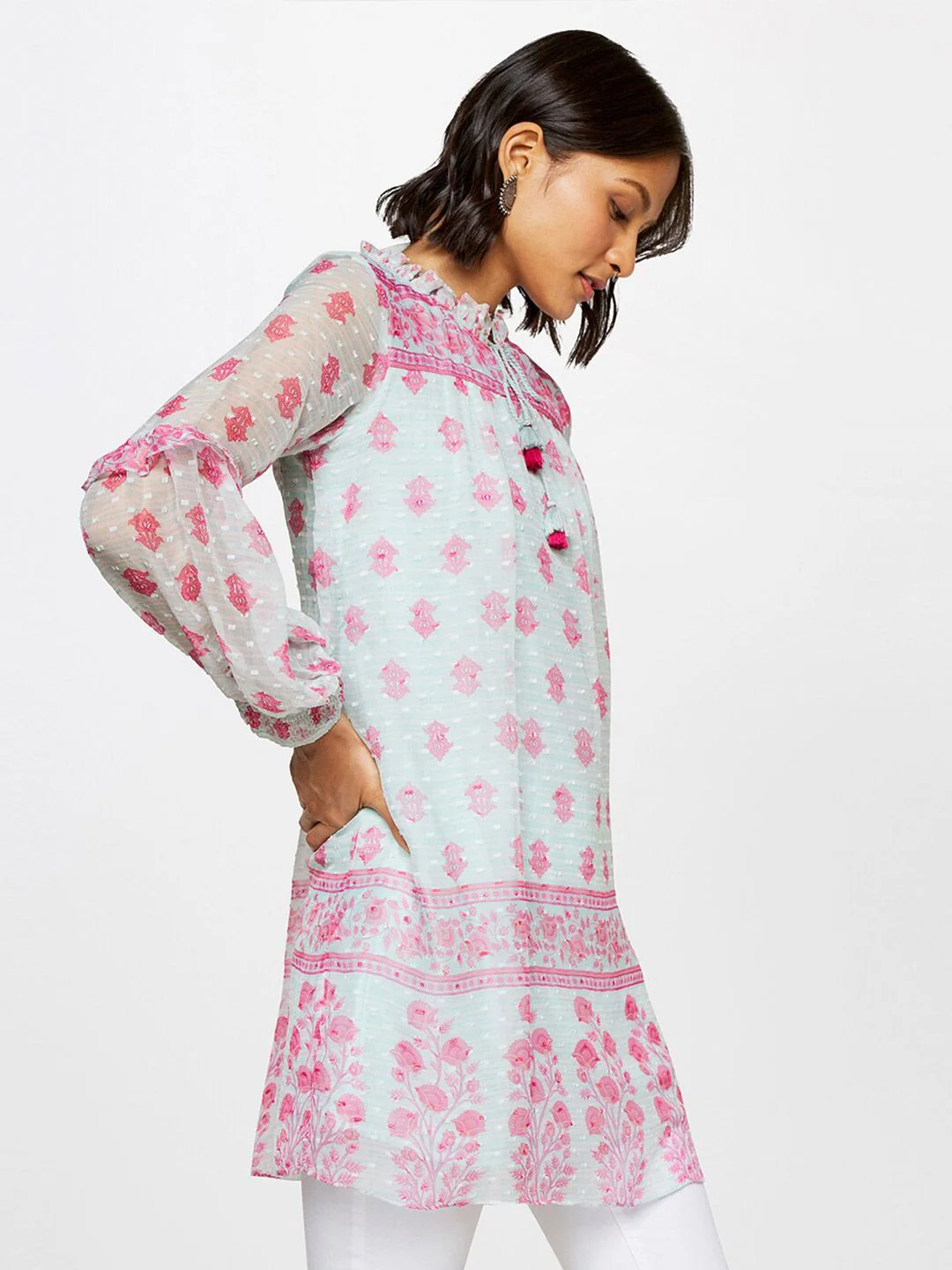 Global Desi Floral Printed Mandarin Collar Ethnic Tunic - Image 3