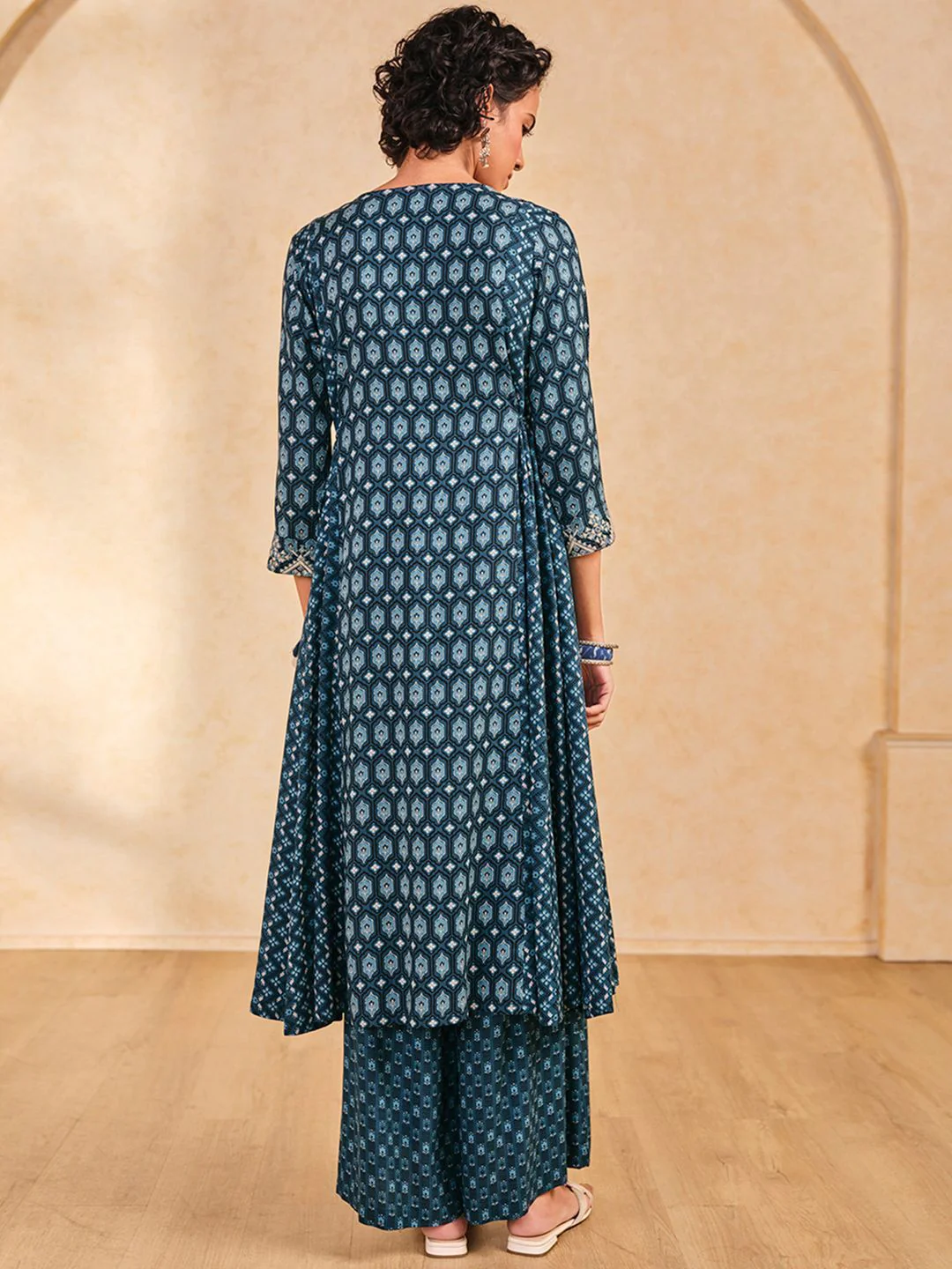 Global Desi Geometric Printed Thread Work A-Line Kurta - Image 2