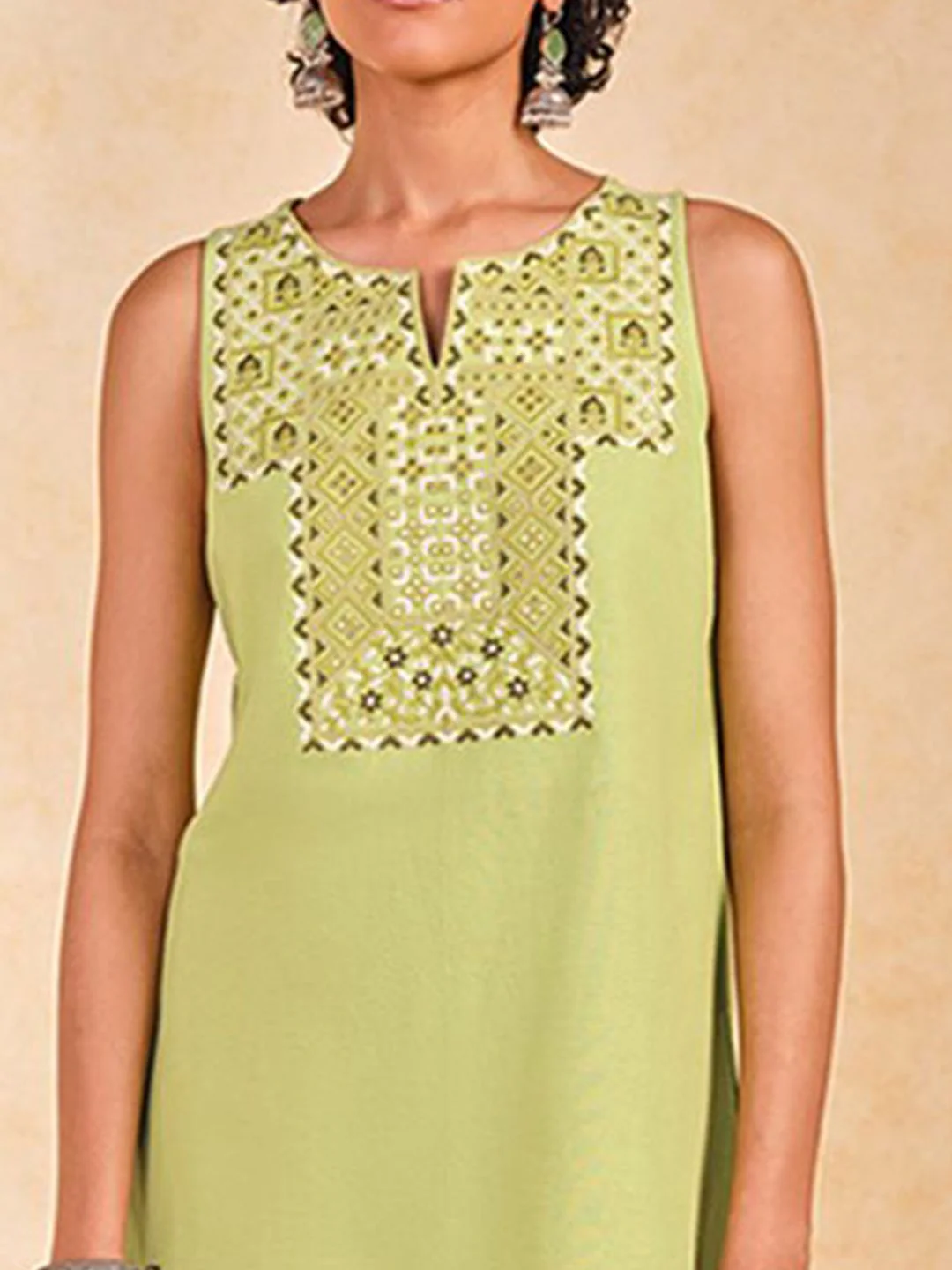 Global Desi Geometric Yoke Design Sleeveless Notch Neck Thread Work Straight Kurta - Image 2