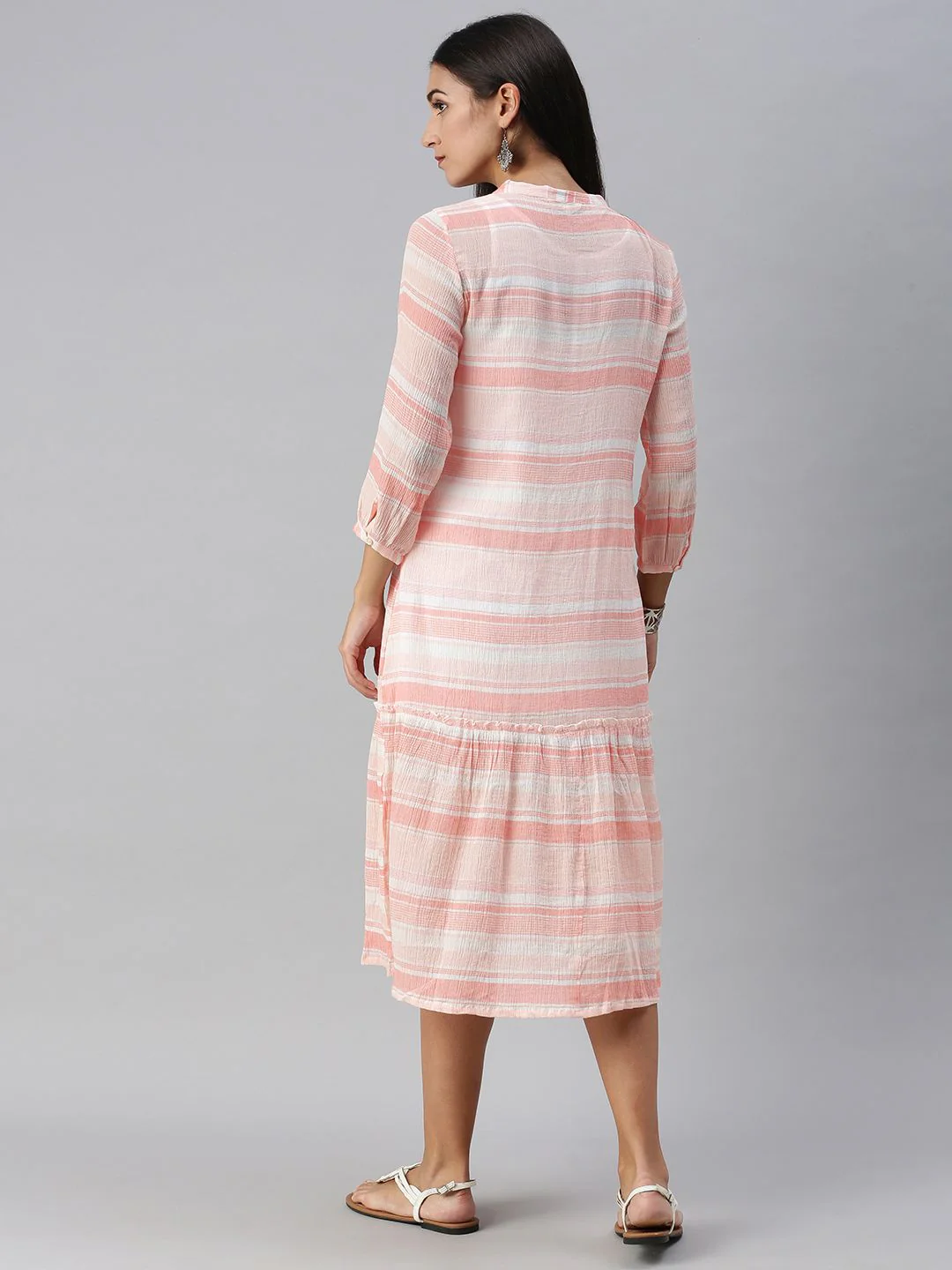 Global Desi Light Pink & White Striped Mandarin-Collar Tiered A-Line Dress - Image 4