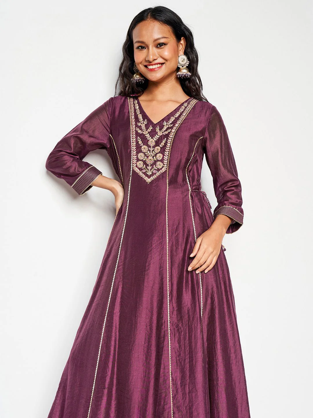 Global Desi V Neck Long Sleeves Ethnic Embroidered A Line Kurta - Image 7