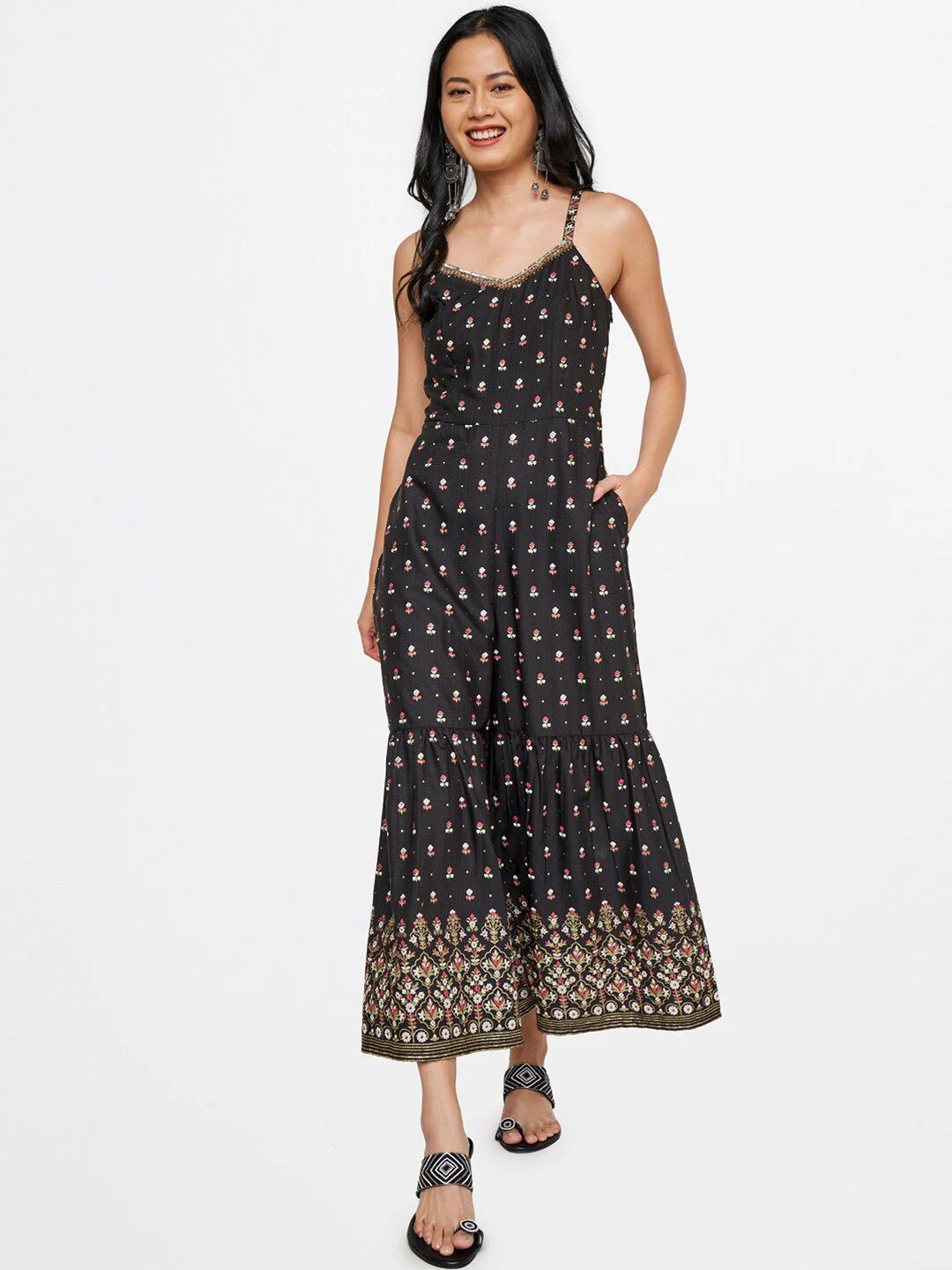Global Desi Women Black & Gold-Toned Printed Basic Jumpsuit