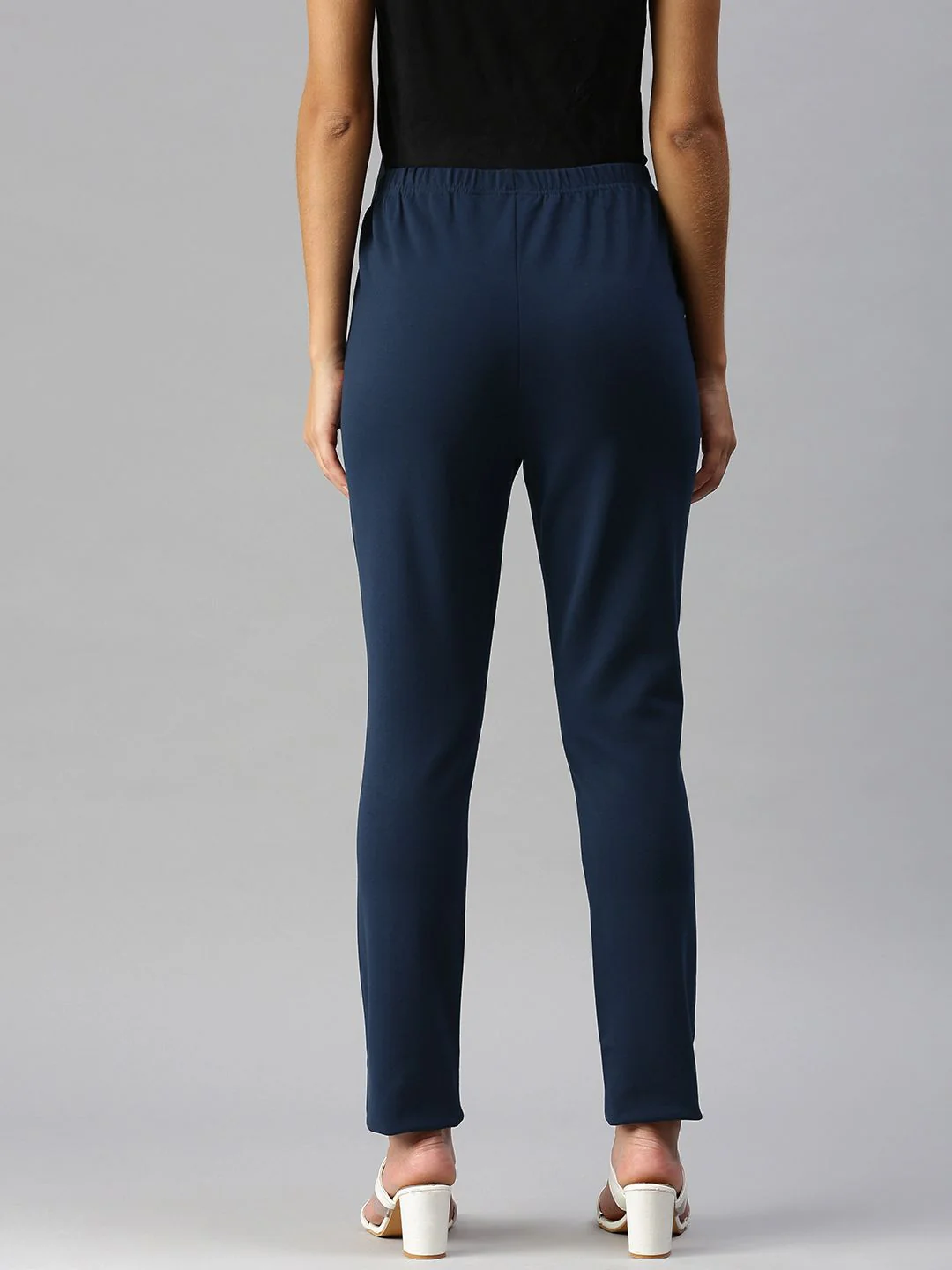 Global Desi Women Blue Solid Tapered Fit Cigarette Trousers - Image 3