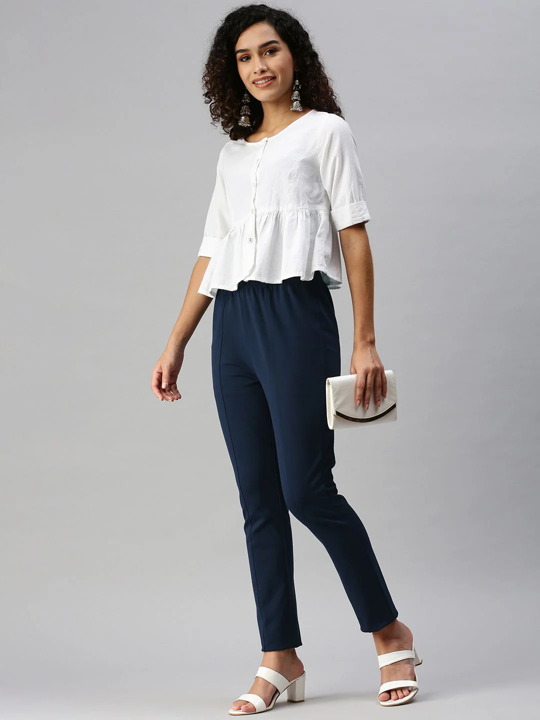 Global Desi Women Blue Solid Tapered Fit Cigarette Trousers - Image 5