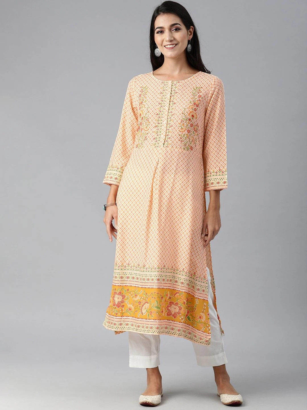 Global Desi Women Cream-Coloured & Orange Geometric Printed Kurta - Image 5