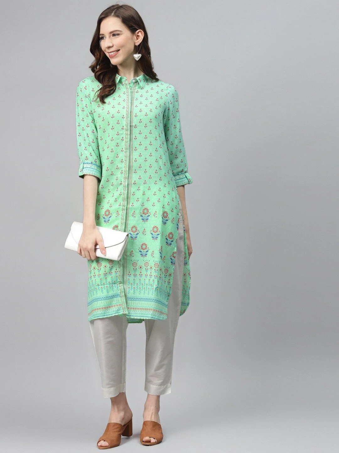 Global Desi Women Green & Red Printed A-Line Kurta - Image 4