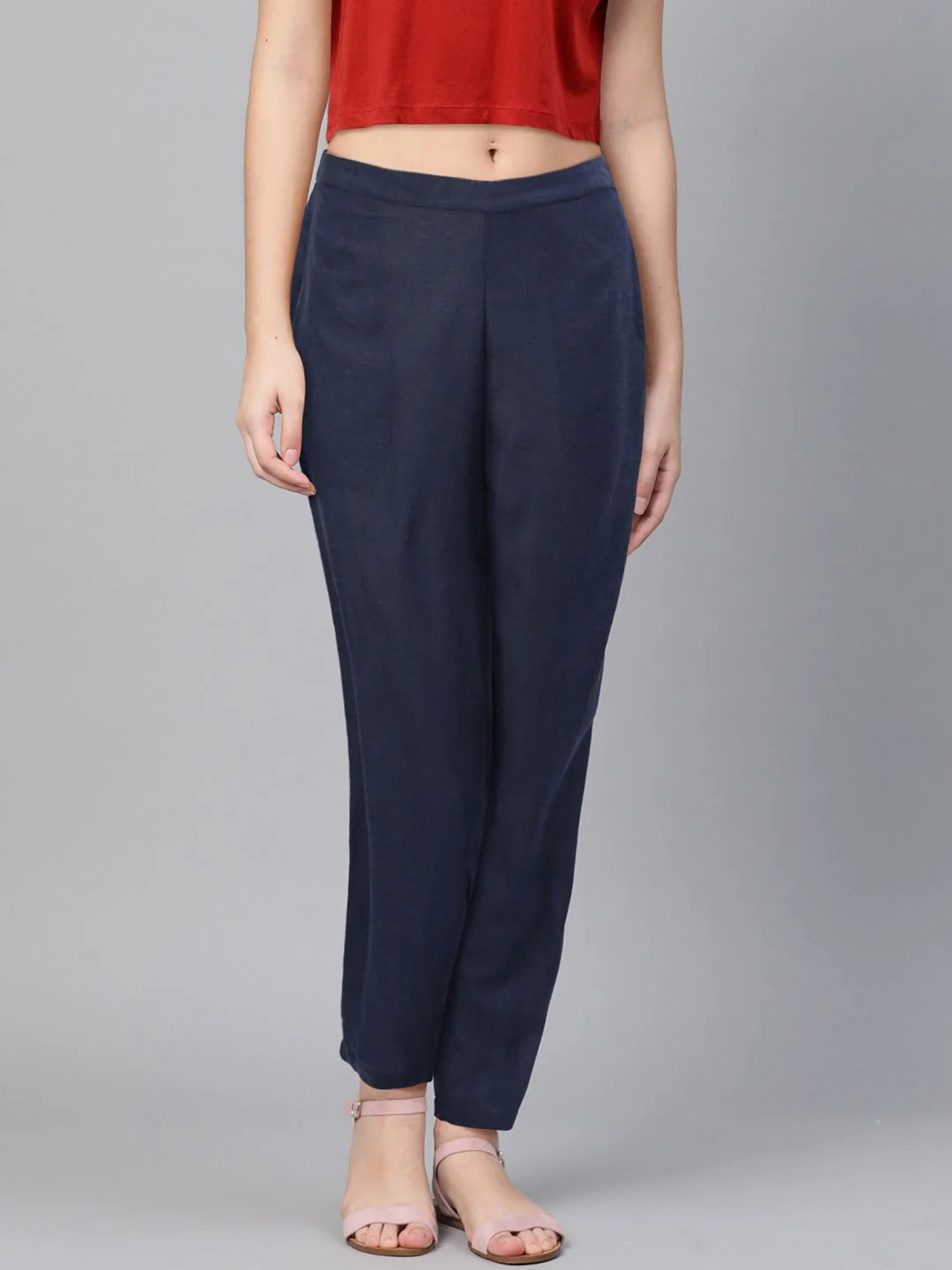 Global Desi Women Navy Blue Regular Fit Solid Regular Trousers - Image 2