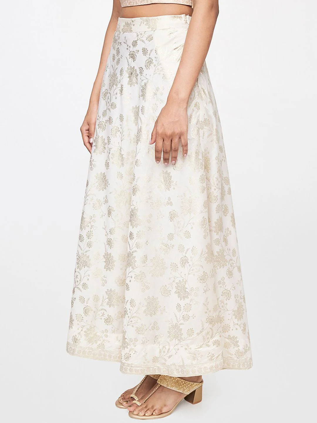 Global Desi Women Off White Gold-toned Printed Flared Maxi Skirt - Image 2