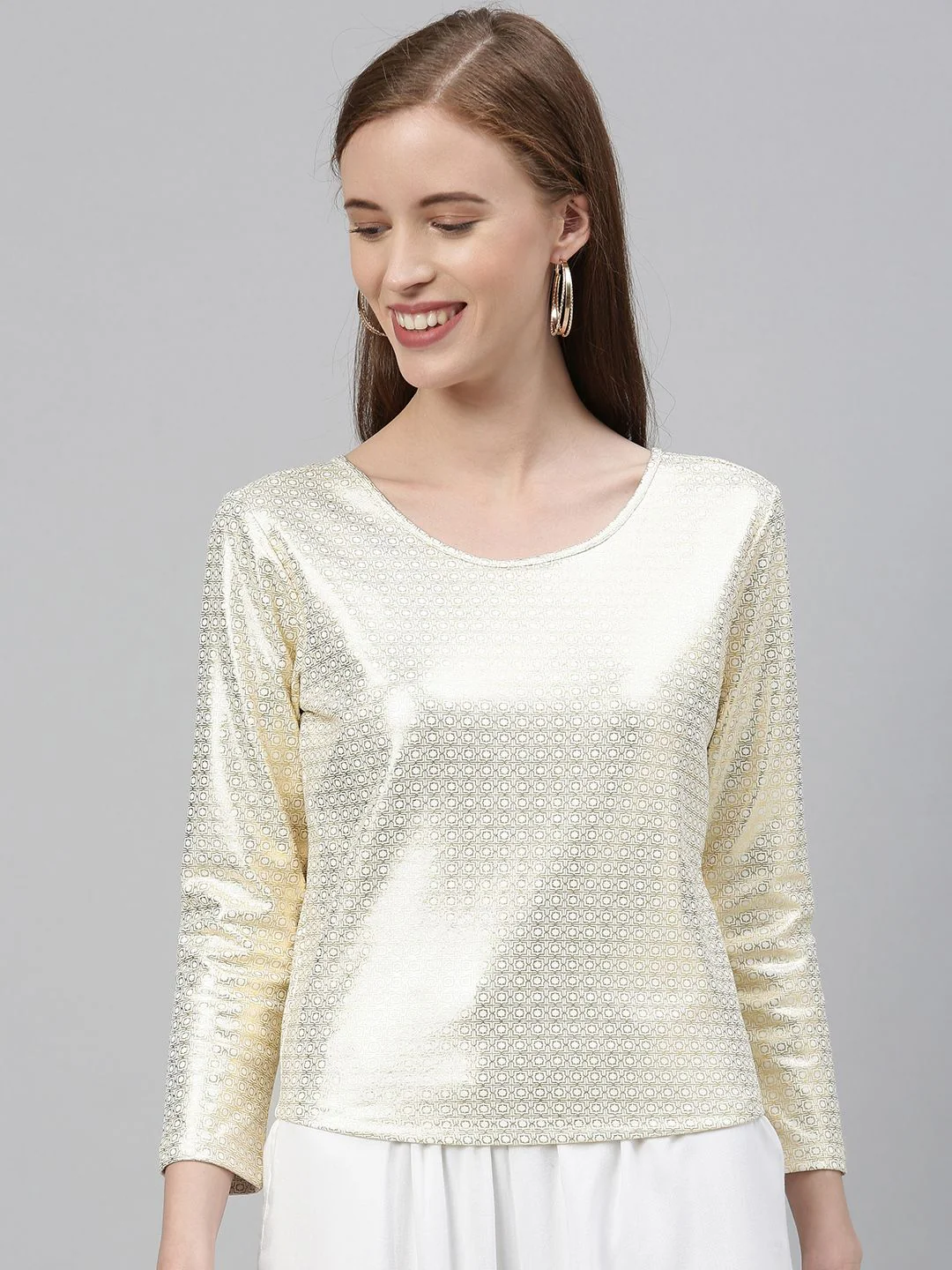 Global Desi Women Off-White & Golden Ethnic Printed Top