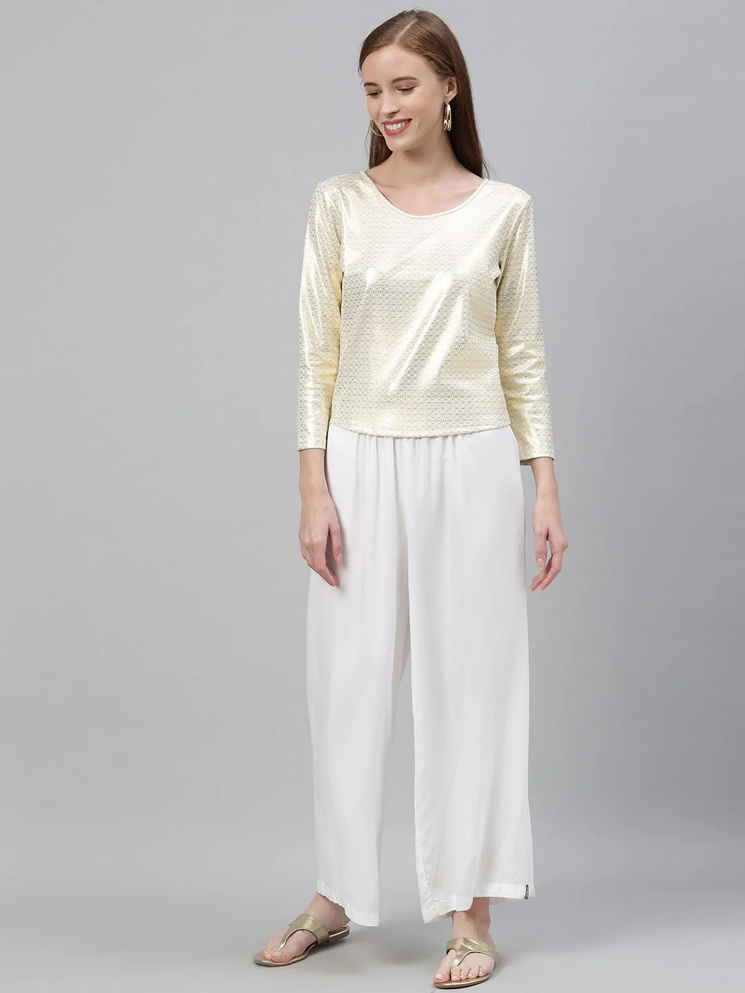 Global Desi Women Off-White & Golden Ethnic Printed Top - Image 5