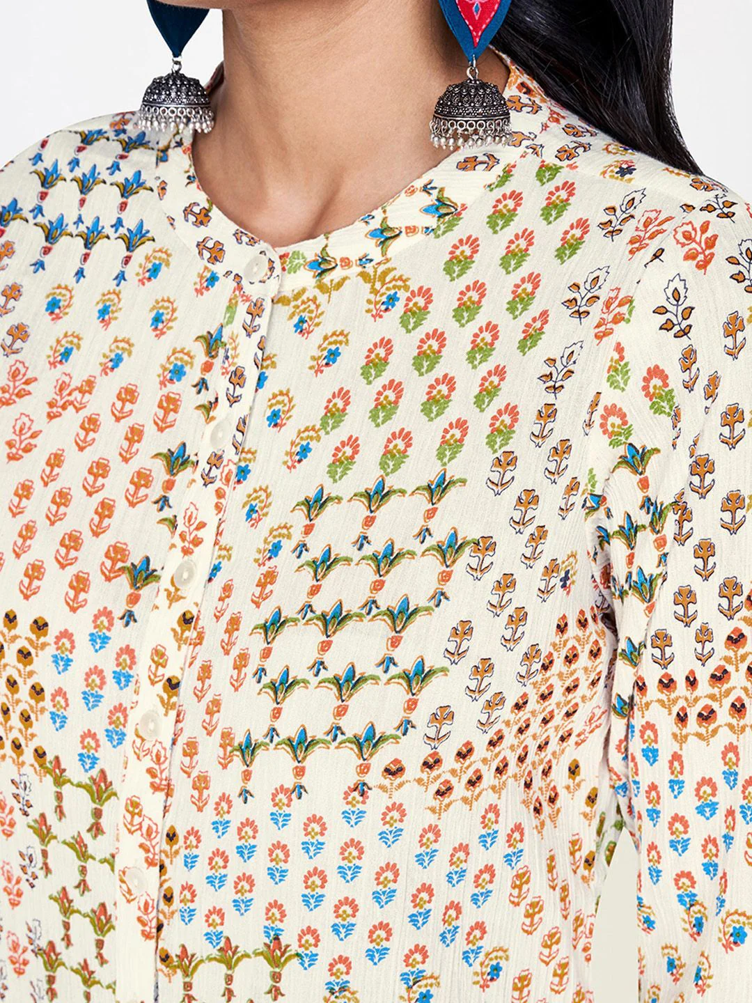 Global Desi Women Off-White & Orange Printed A-Line Kurta - Image 2