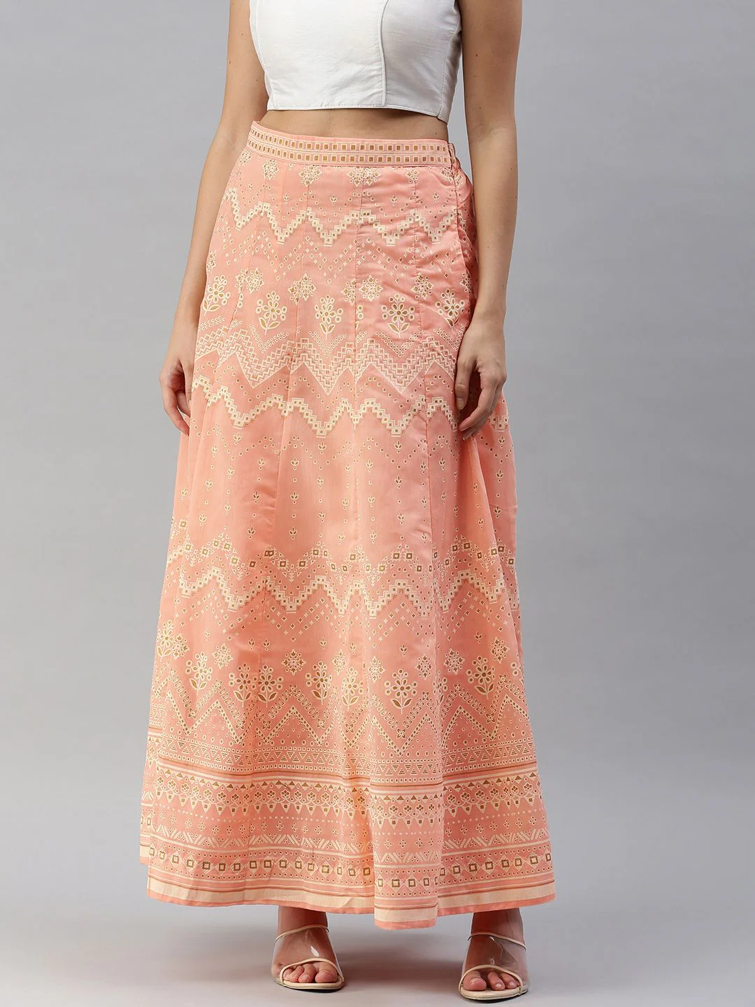 Global Desi Women Peach & Off White Printed Paneled Flared Skirt - Image 2