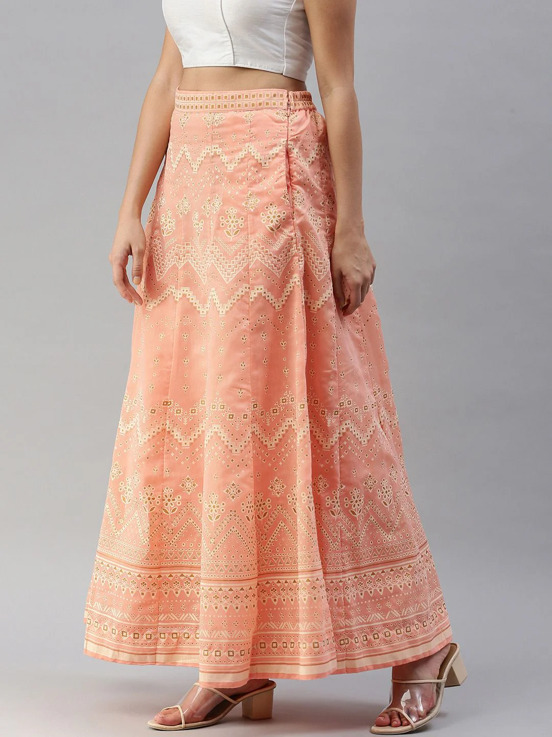 Global Desi Women Peach & Off White Printed Paneled Flared Skirt - Image 3