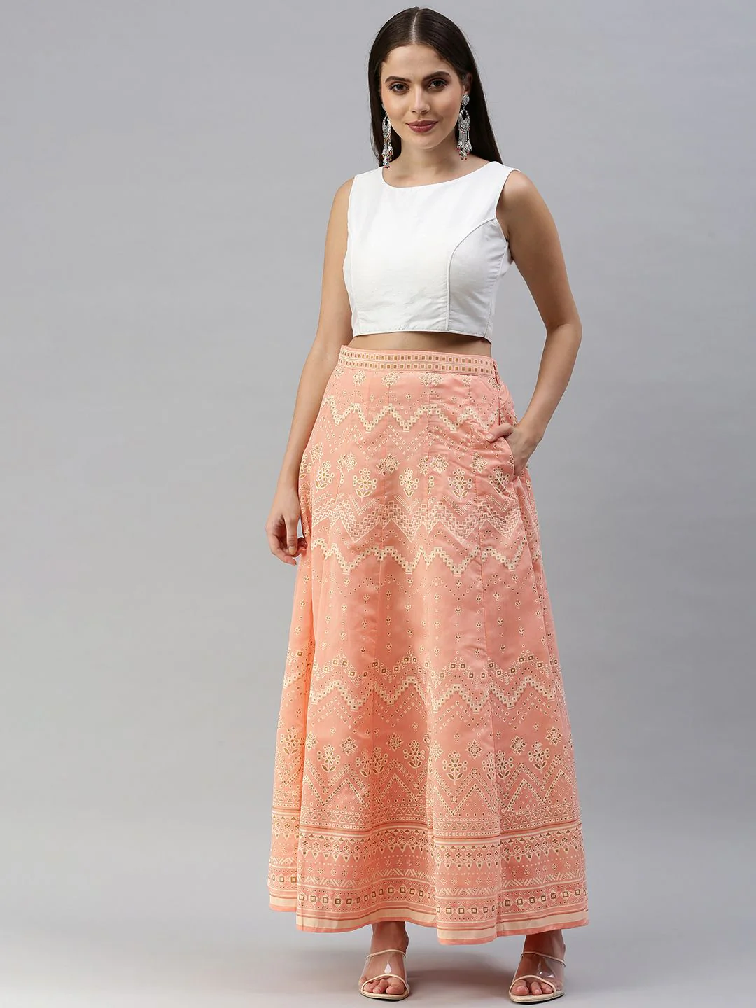 Global Desi Women Peach & Off White Printed Paneled Flared Skirt - Image 4