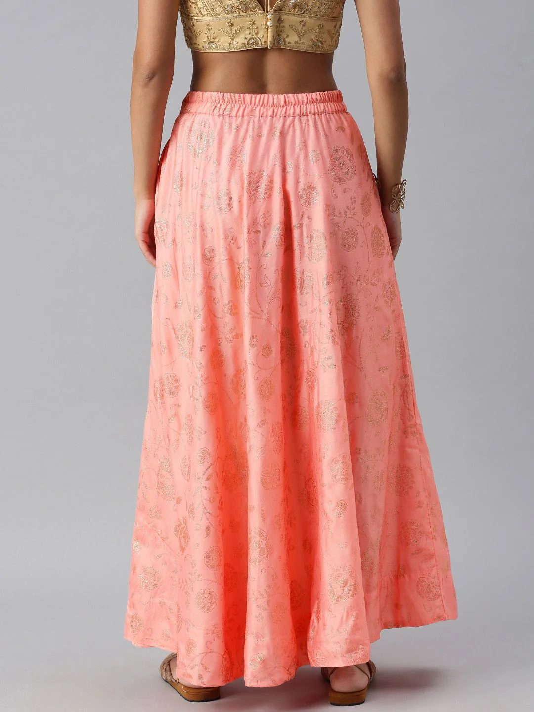 Global Desi Women Peach Pink & Gold-toned Embellished Paneled Flared Maxi Skirt - Image 5