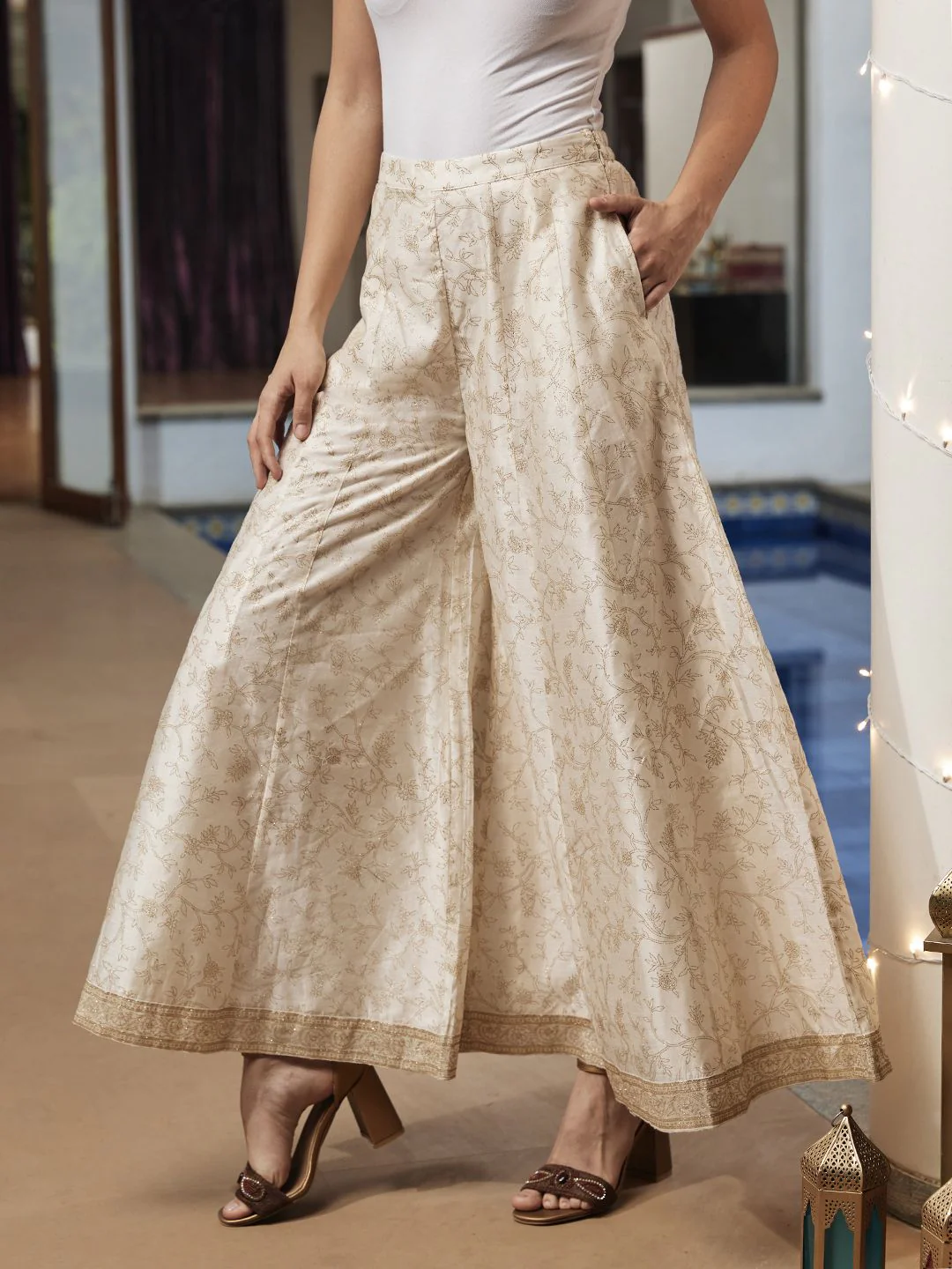 Global Desi Women White & Gold-Toned Floral Printed Flared Trousers - Image 3