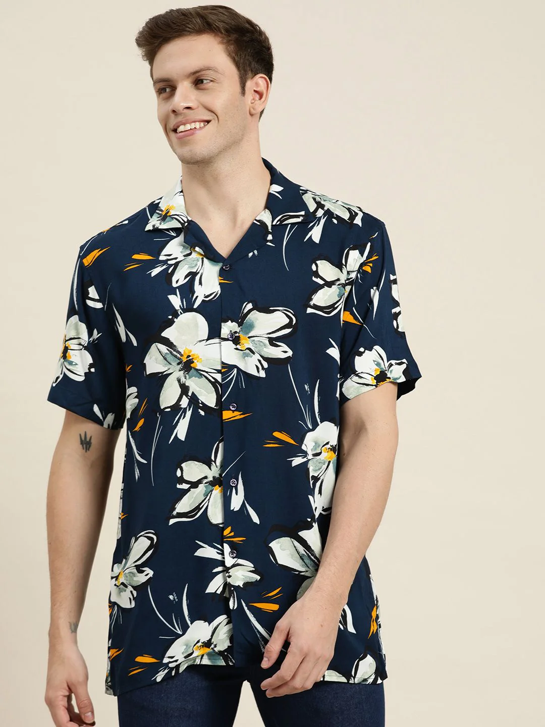 Hancock Men Navy Blue & White Relaxed Floral Printed Casual Shirt - Image 3
