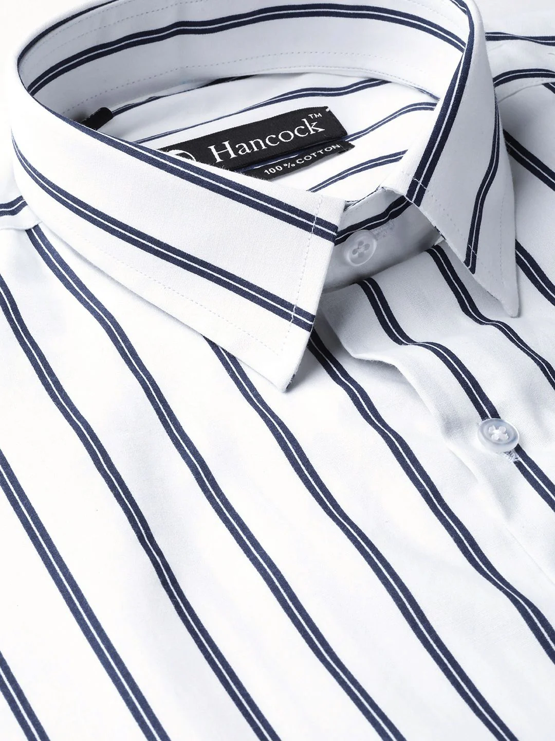 Hancock Men White & Navy Blue Slim Fit Striped Formal Shirt - Image 2