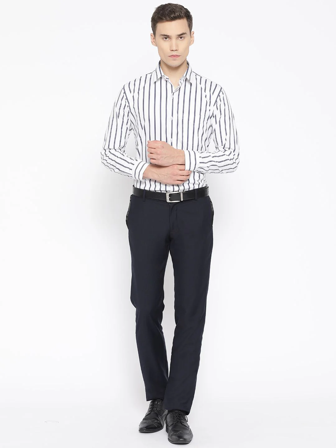 Hancock Men White & Navy Blue Slim Fit Striped Formal Shirt - Image 6