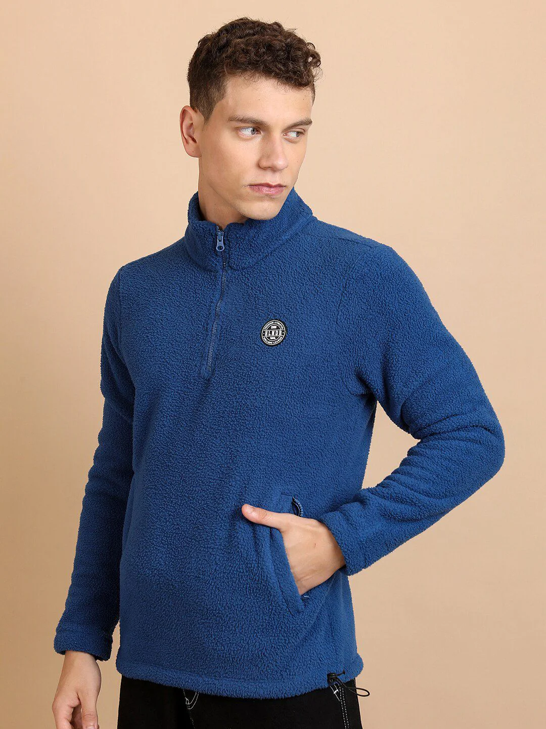 HIGHLANDER Blue Self Design Mock Collar Half Zipper Sweatshirt - Image 5