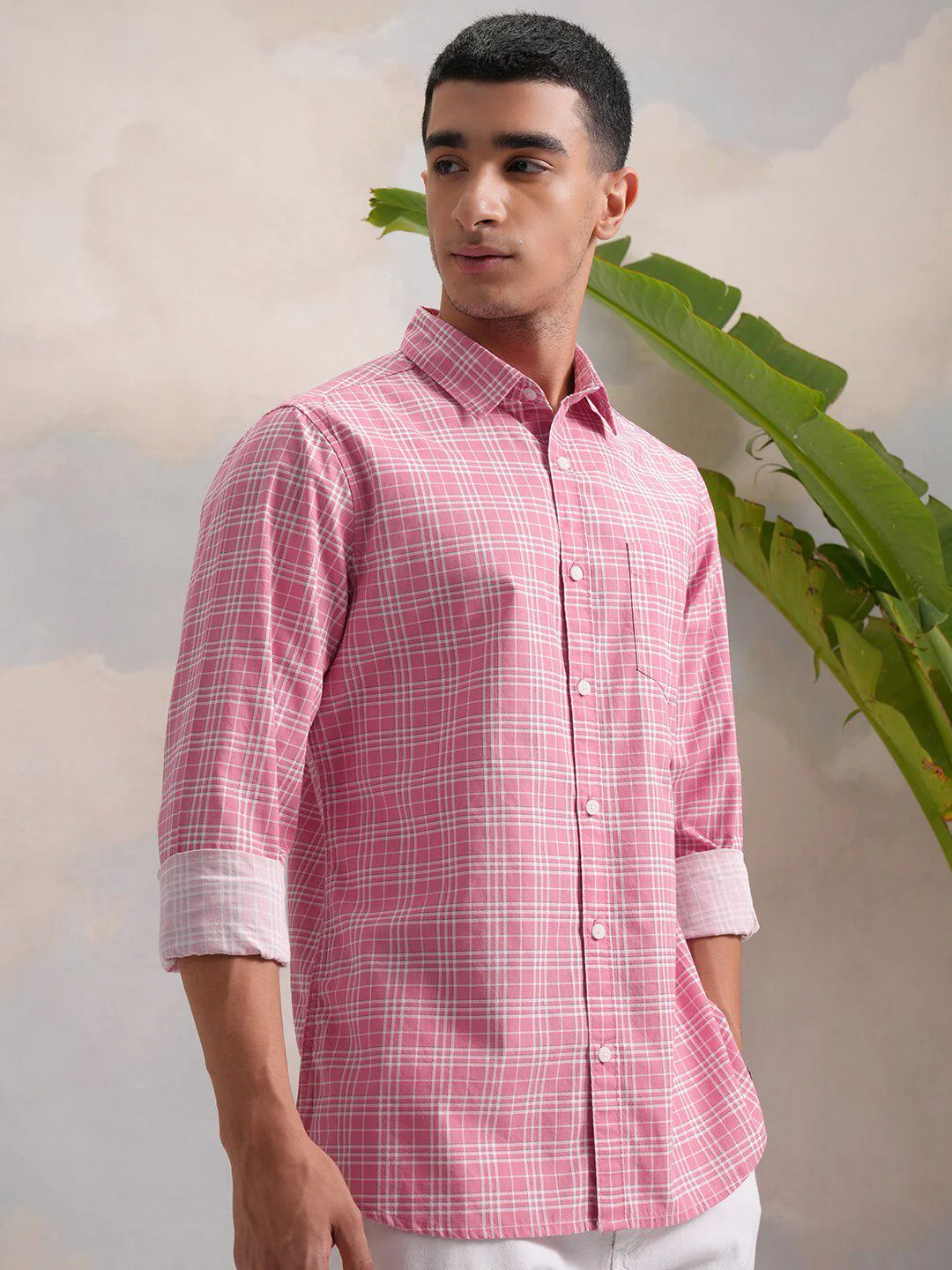 HIGHLANDER Classic Pink Slim Fit Tartan Checked Spread Collar Cotton Casual Shirt - Image 3