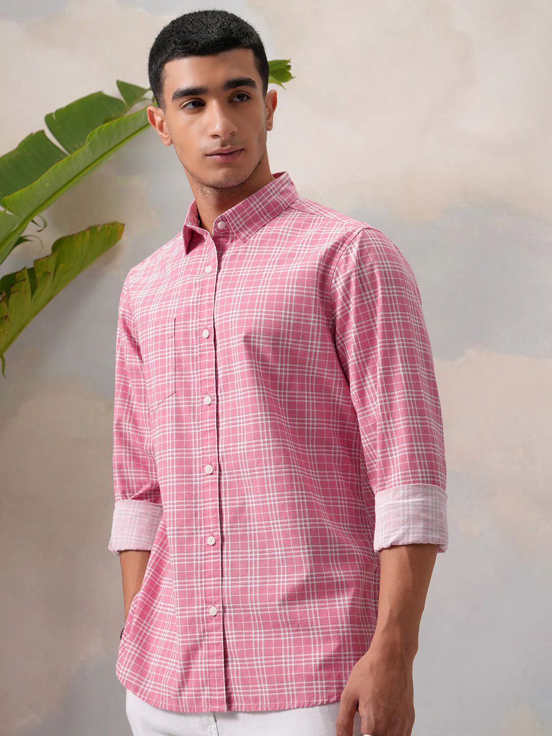 HIGHLANDER Classic Pink Slim Fit Tartan Checked Spread Collar Cotton Casual Shirt - Image 5