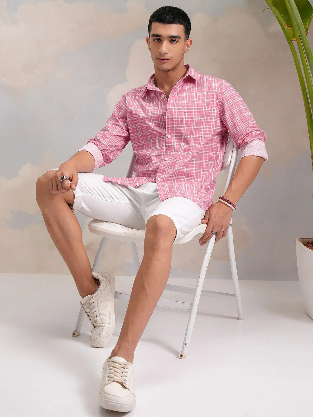 HIGHLANDER Classic Pink Slim Fit Tartan Checked Spread Collar Cotton Casual Shirt - Image 6