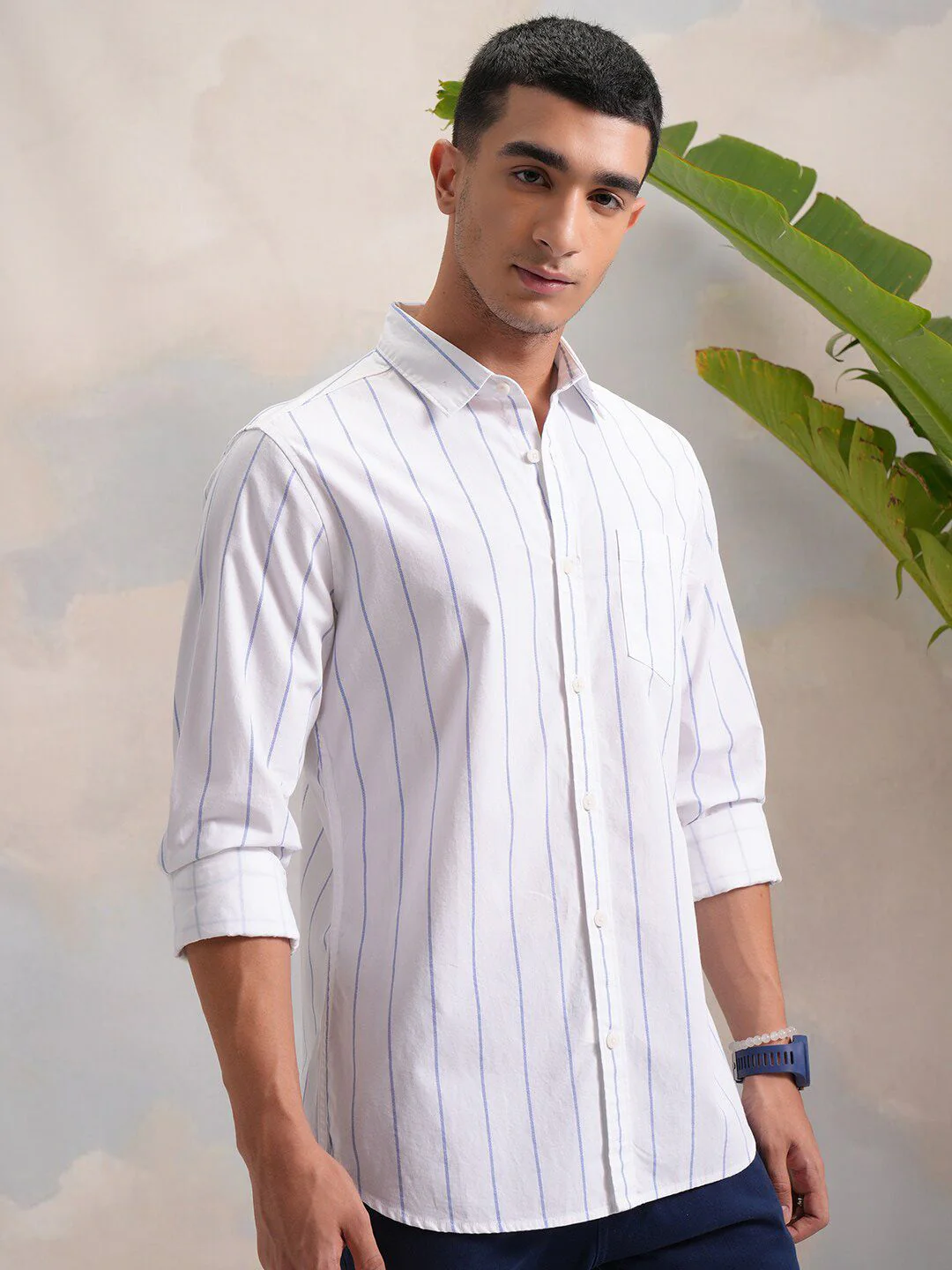 HIGHLANDER Classic White Slim Fit Vertical Striped Spread Collar Cotton Casual Shirt - Image 3