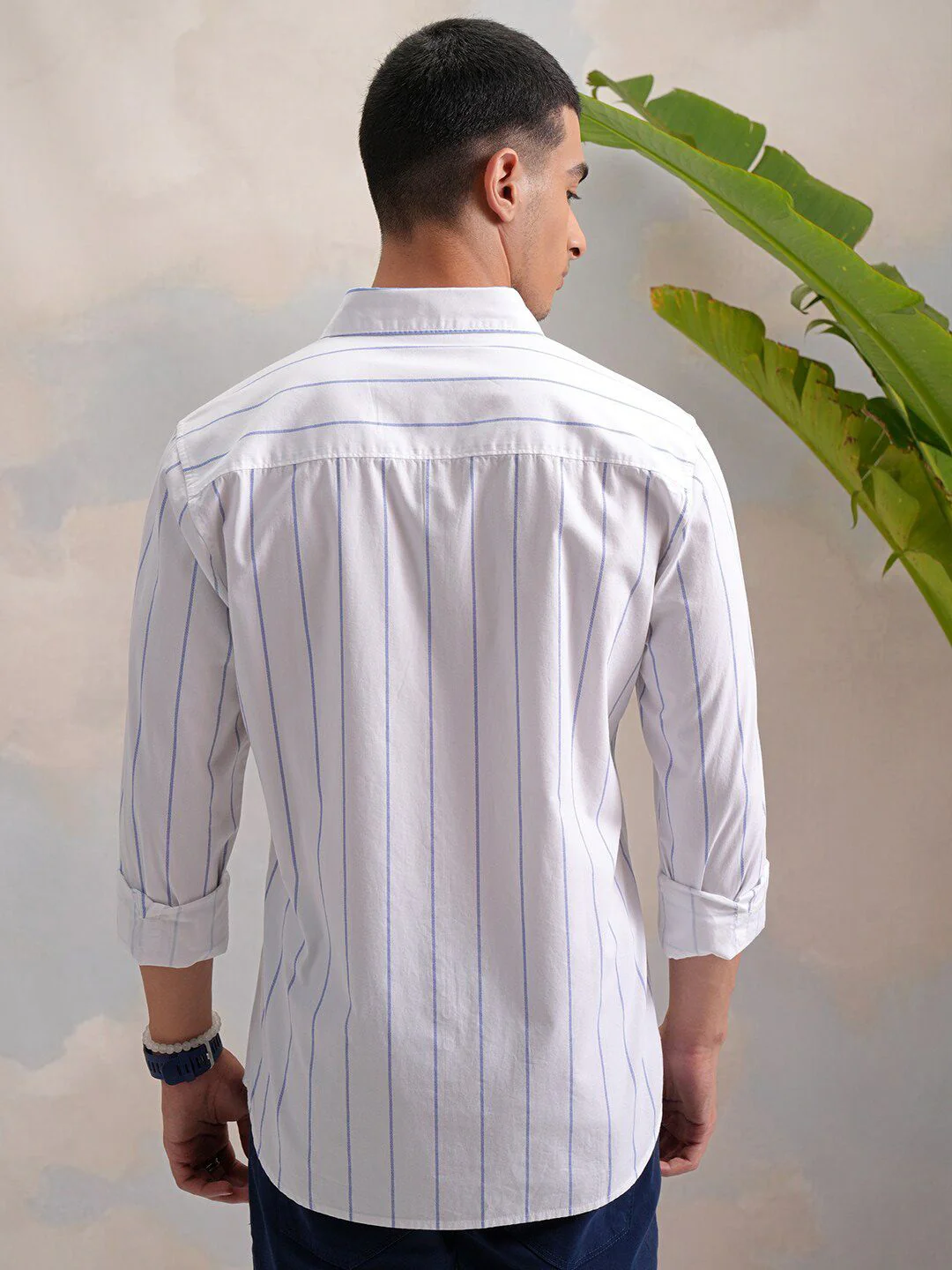 HIGHLANDER Classic White Slim Fit Vertical Striped Spread Collar Cotton Casual Shirt - Image 4