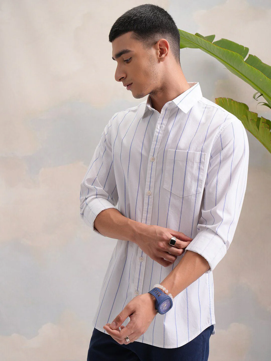 HIGHLANDER Classic White Slim Fit Vertical Striped Spread Collar Cotton Casual Shirt - Image 5