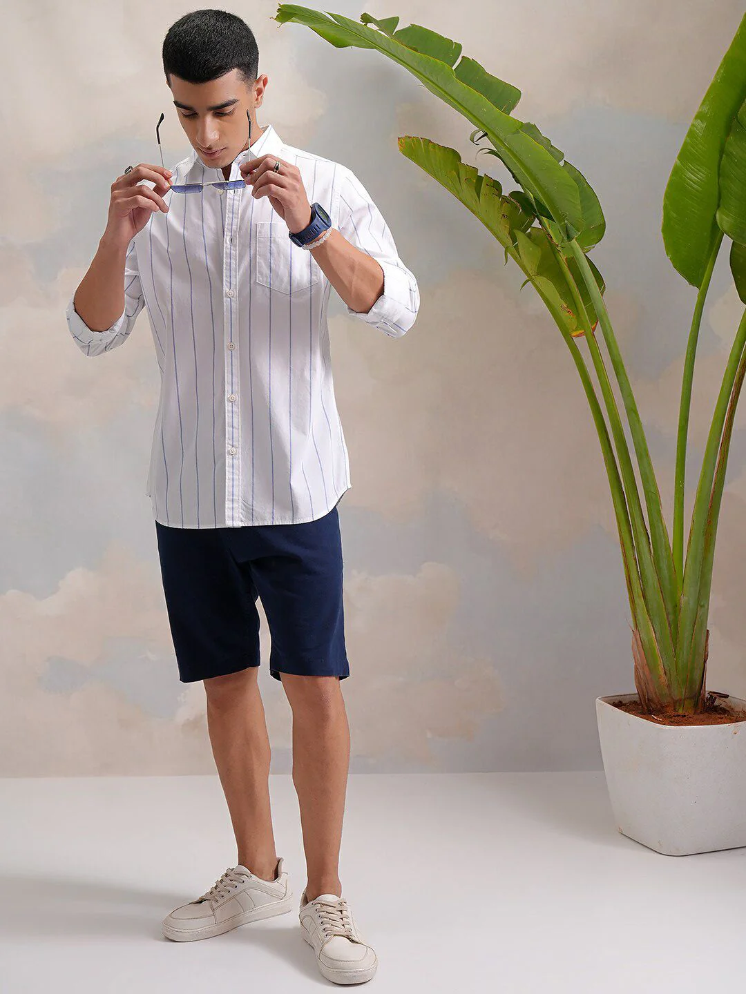 HIGHLANDER Classic White Slim Fit Vertical Striped Spread Collar Cotton Casual Shirt - Image 6