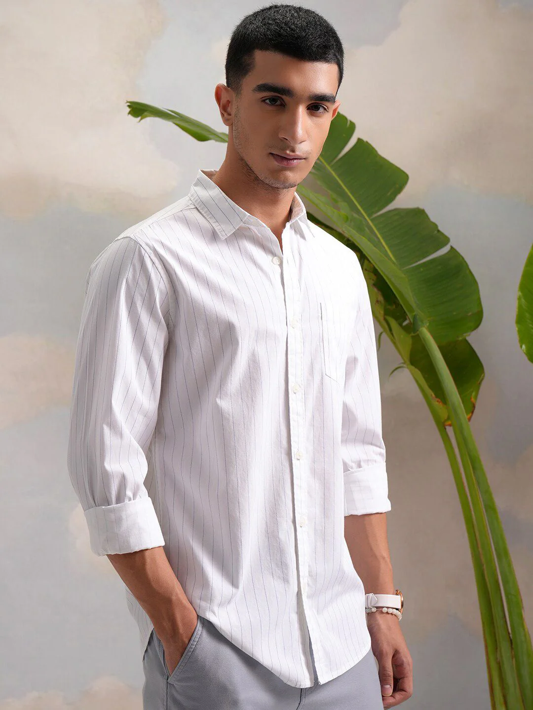 HIGHLANDER Classic White Slim Fit Vertical Striped Spread Collar Cotton Casual Shirt - Image 3