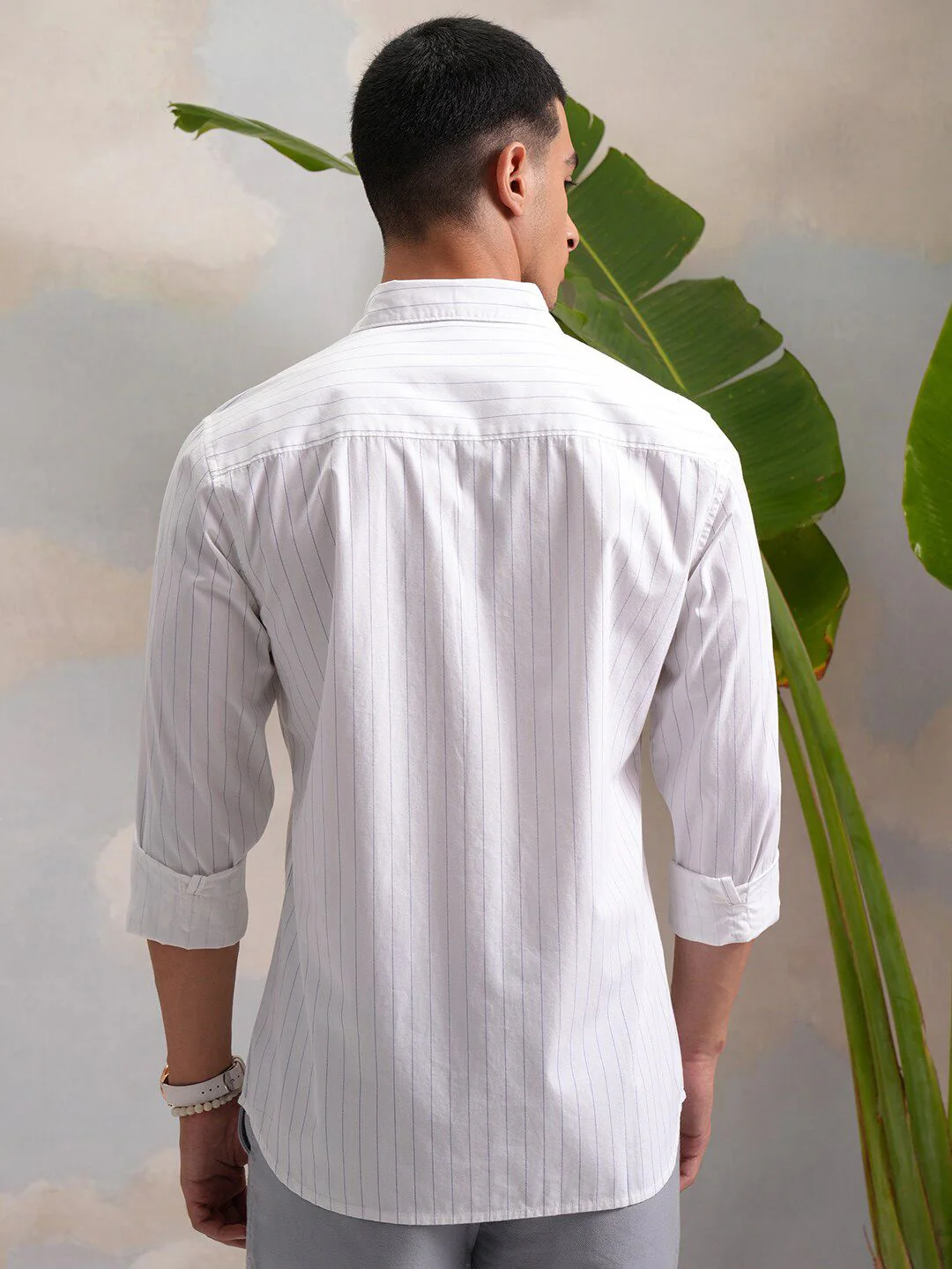 HIGHLANDER Classic White Slim Fit Vertical Striped Spread Collar Cotton Casual Shirt - Image 4
