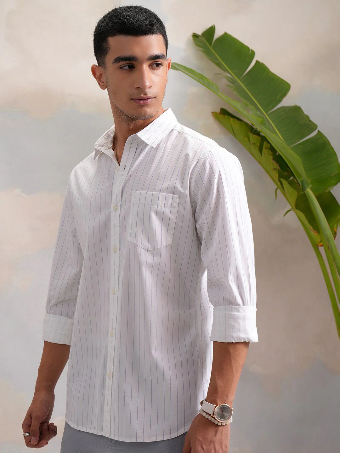HIGHLANDER Classic White Slim Fit Vertical Striped Spread Collar Cotton Casual Shirt - Image 5