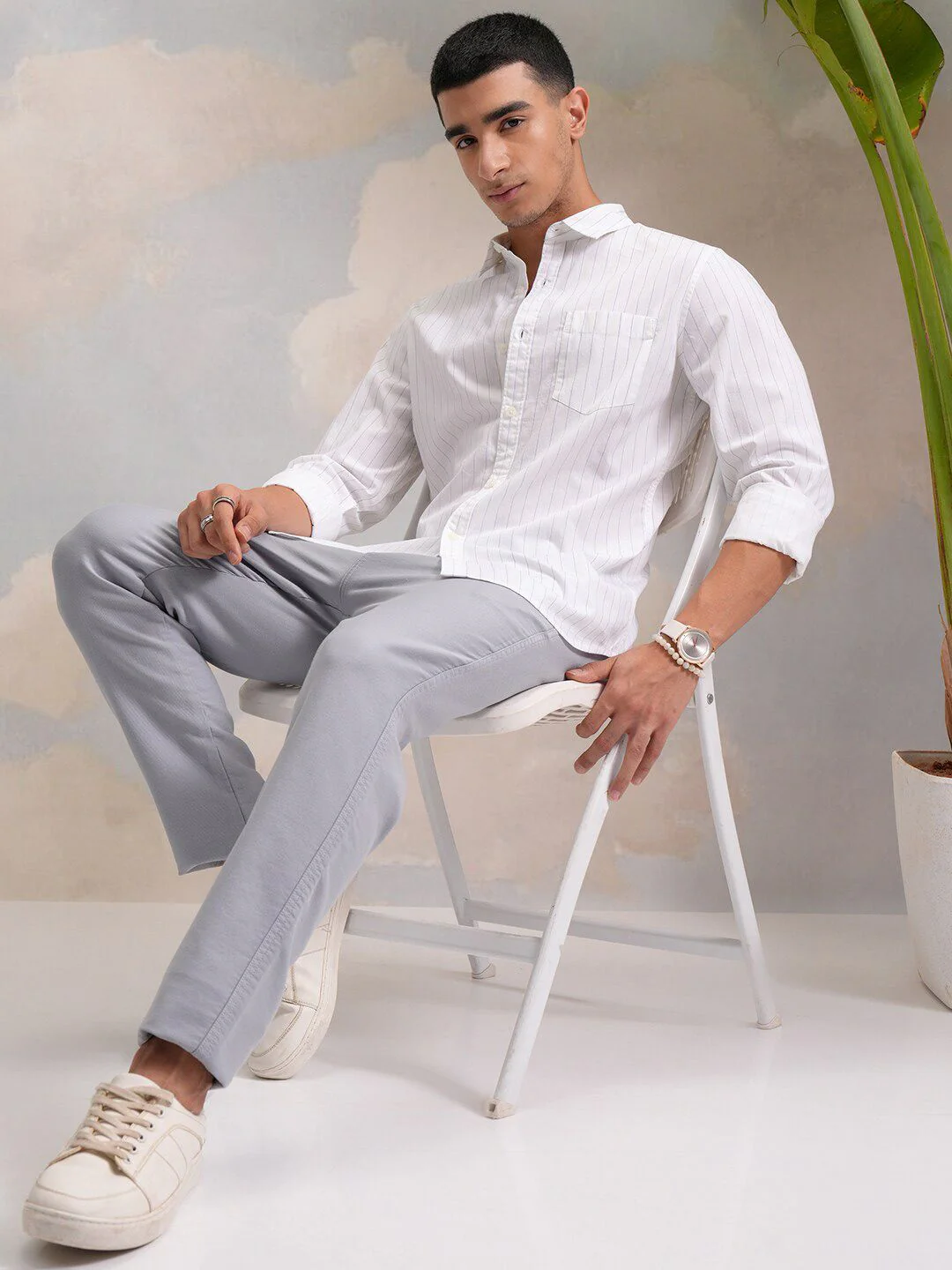 HIGHLANDER Classic White Slim Fit Vertical Striped Spread Collar Cotton Casual Shirt - Image 6