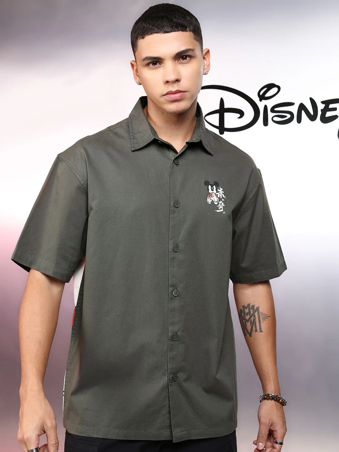 Highlander Disney Men Grey Mickey Printed Oversized Casual Shirt - Image 2
